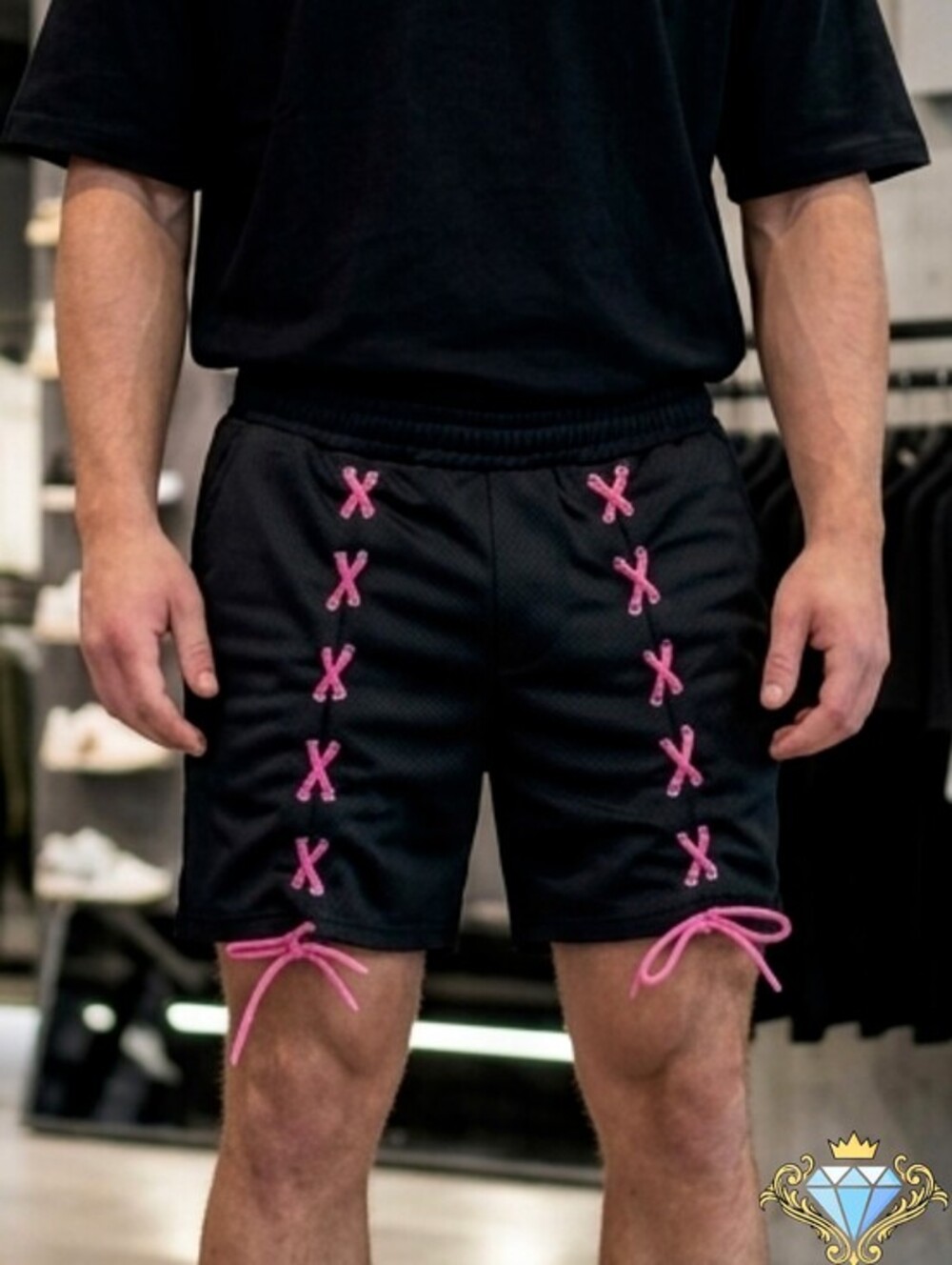SHEIN MEN PINK STRING TIE DETAIL BLACK SHORTS SIZE MEDIUM FESTIVAL WEAR